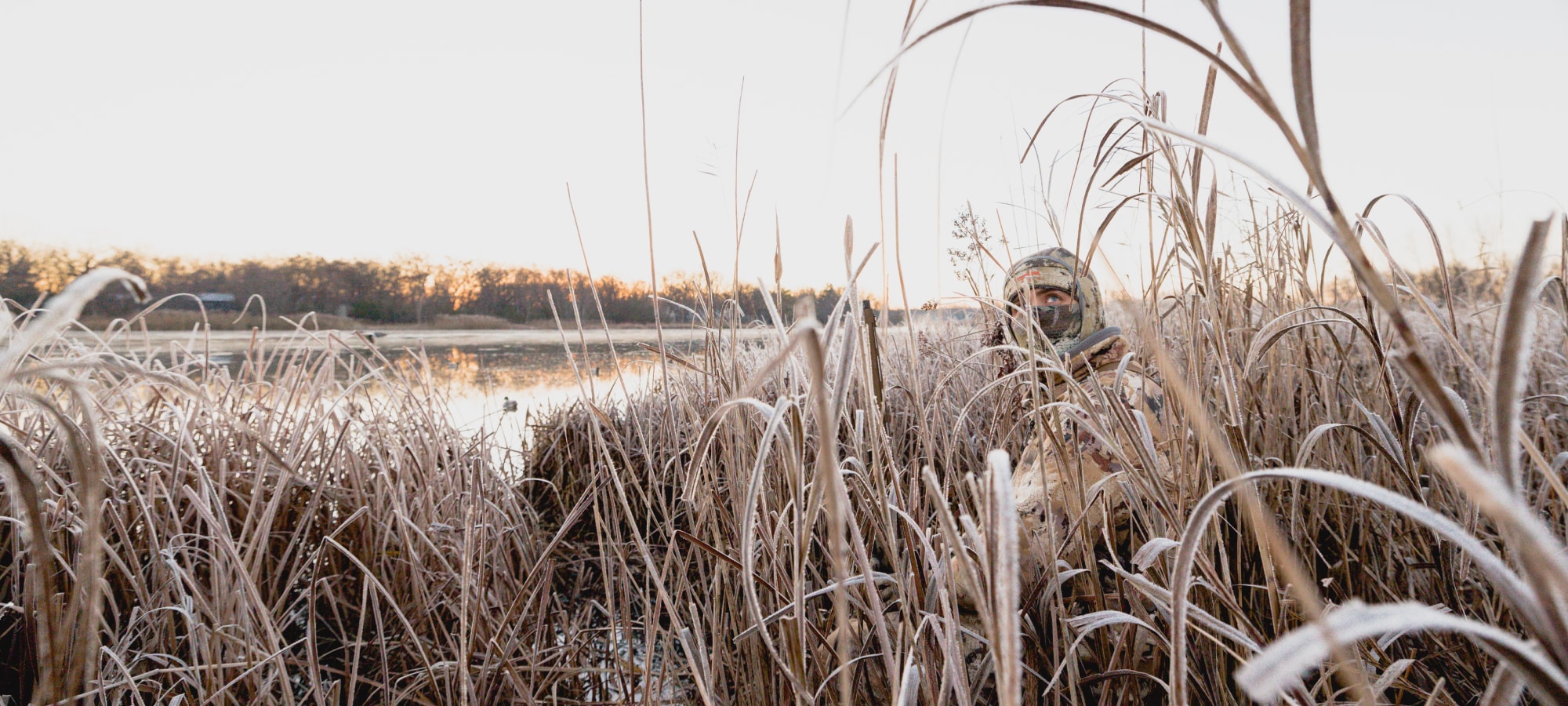 Man sitting in the tall grass watching the sky for waterfowl | SITKA Gear